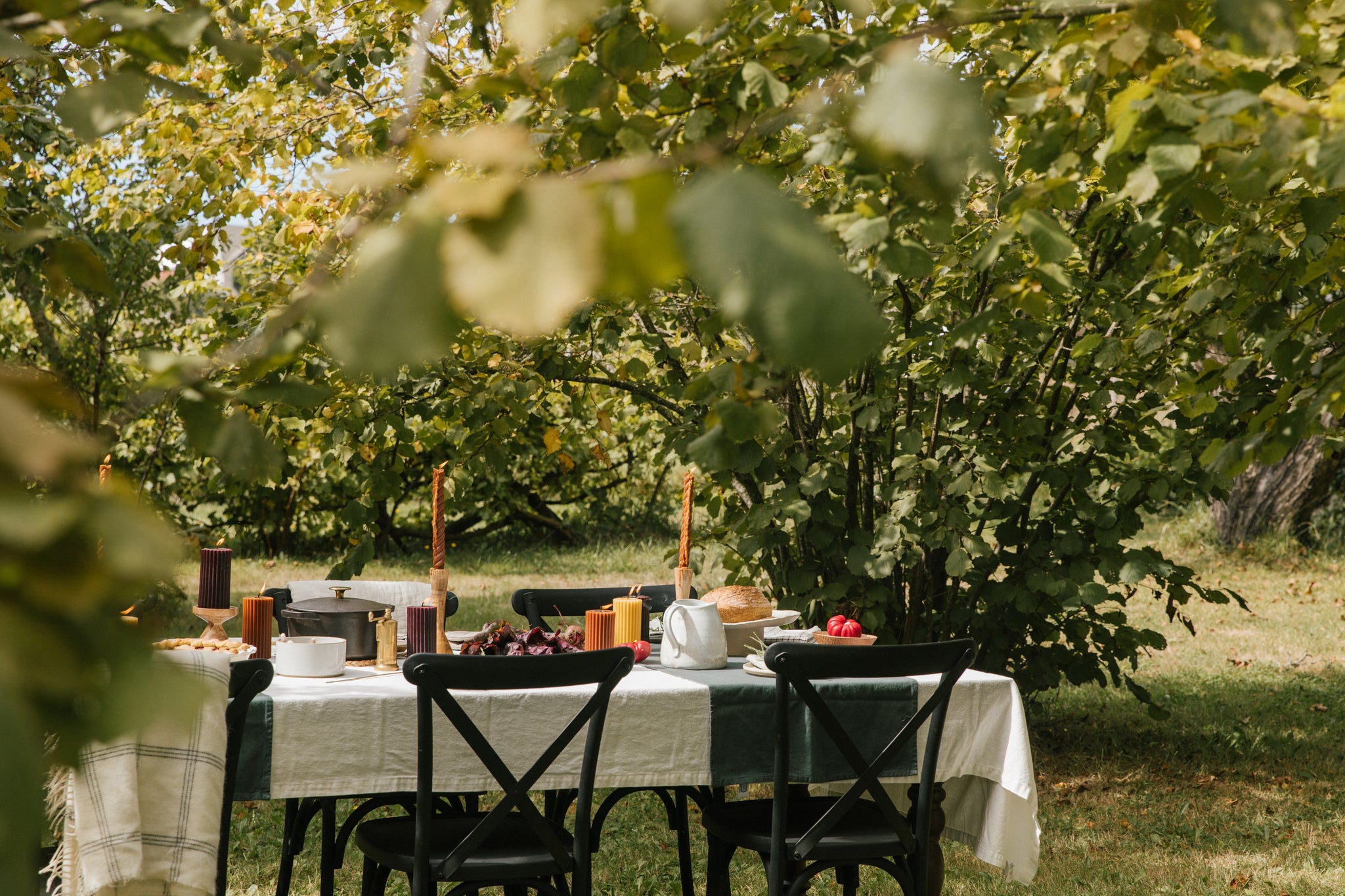 Crowfoot beeswax candles on an outdoor garden table